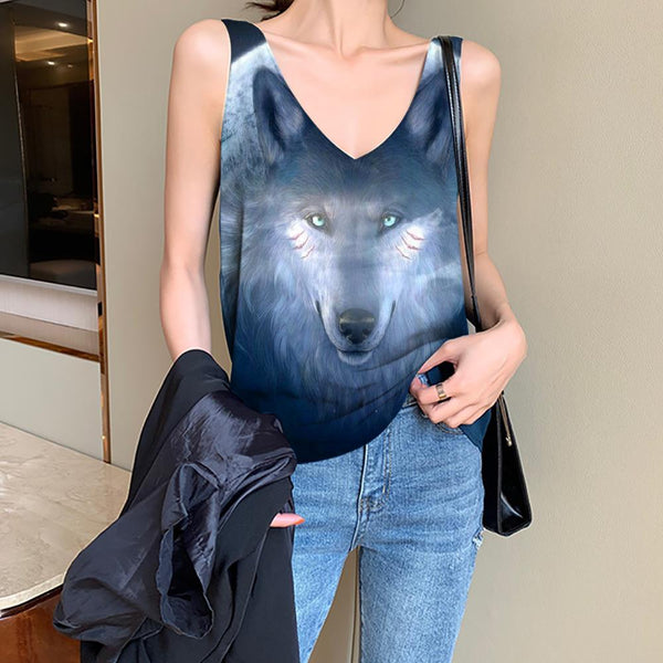 Wolf Tank-Top women Animal Sleeveless 3d Anime Funny Top Moon Vest Print Head Tank Tops Casual - KYKU