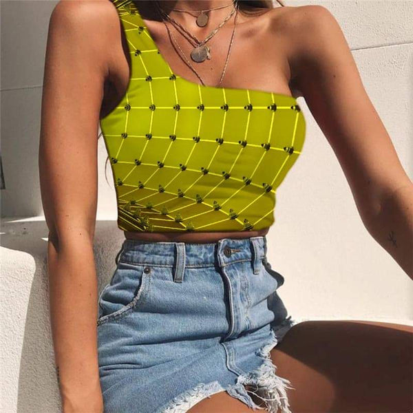 Geometric Vest Tops Women Psychedelic Sleeveless Shirt Vortex One Shoulder Crop Time Tunnel Midriff T shirt Yellow Tees Graphic - KYKU