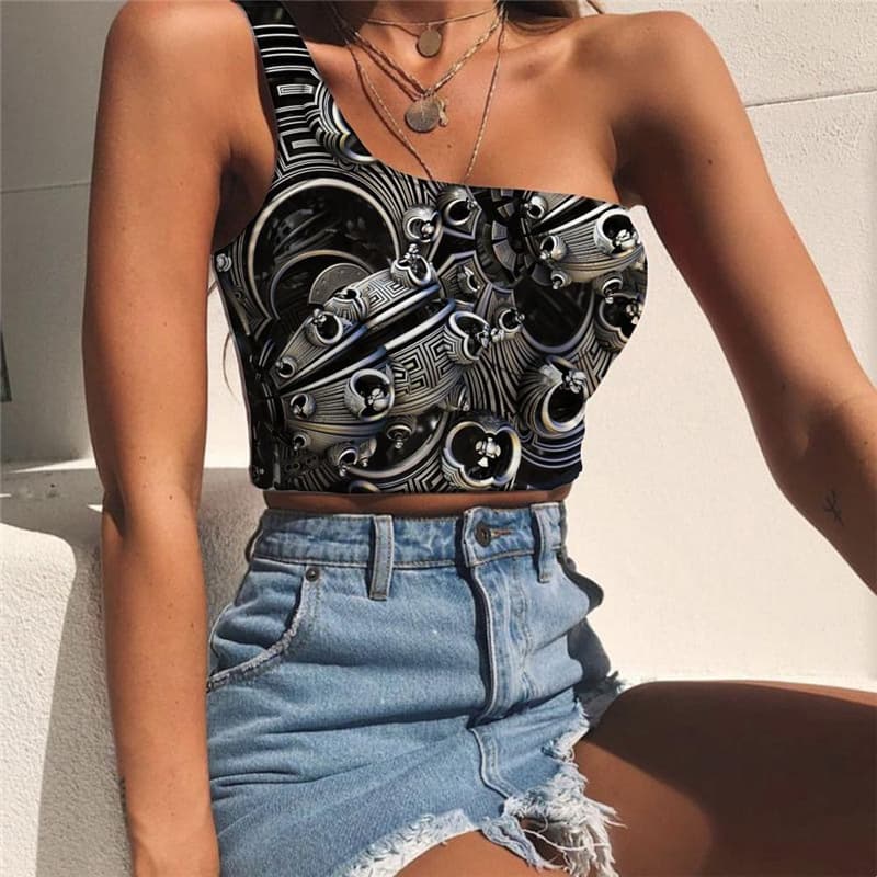 
Gear Vest Tops Women Metal Midriff T shirt Engine One Shoulder Crop Punk Rock Sleeveless Shirt
                
