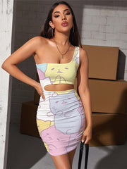 Cat Dress Women Animal Halter Sleeveless Lovely Hollow out Dresses Colorful 3d Print