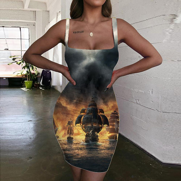 Skull Dresses Women Punk Bodycon Dress Cloud Halter Sleeveless Pirate Vestido Sexy Captain Ladies Dresses - KYKU