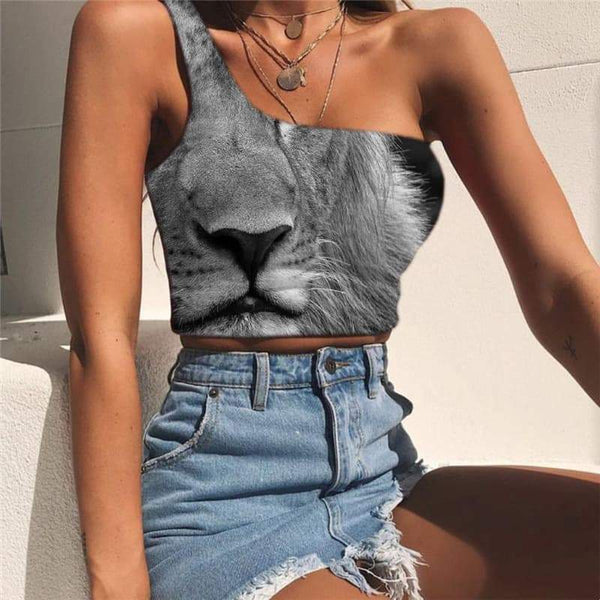 Lion Vest Tops Women Animal Tees Graphic Anime Midriff T shirt Harajuku Sleeveless Shirt Street One Shoulder Crop - KYKU