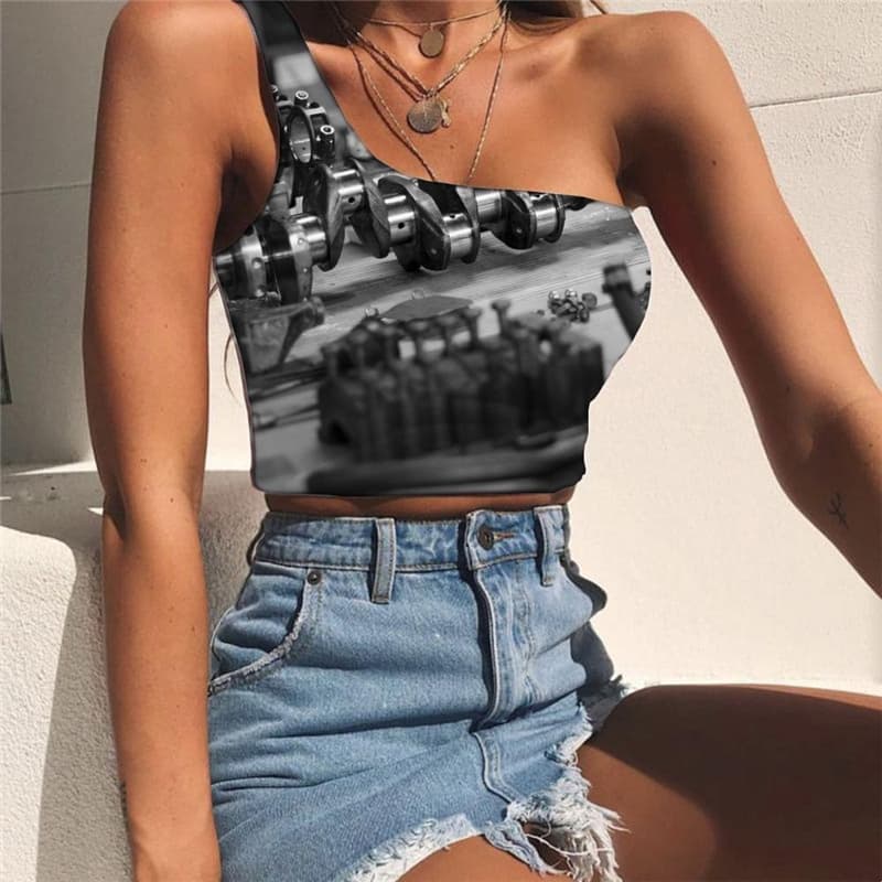 
Metal Tank Tops Women Engine Sleeveless Shirt Gear Midriff T shirt Black One Shoulder Crop
                