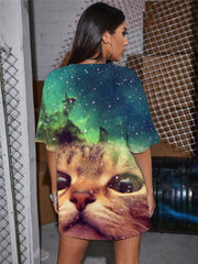 Cat T-shirt Women Animal Gothic Nebula Summer Galaxy Punk Rock Lovely Shirt Print
