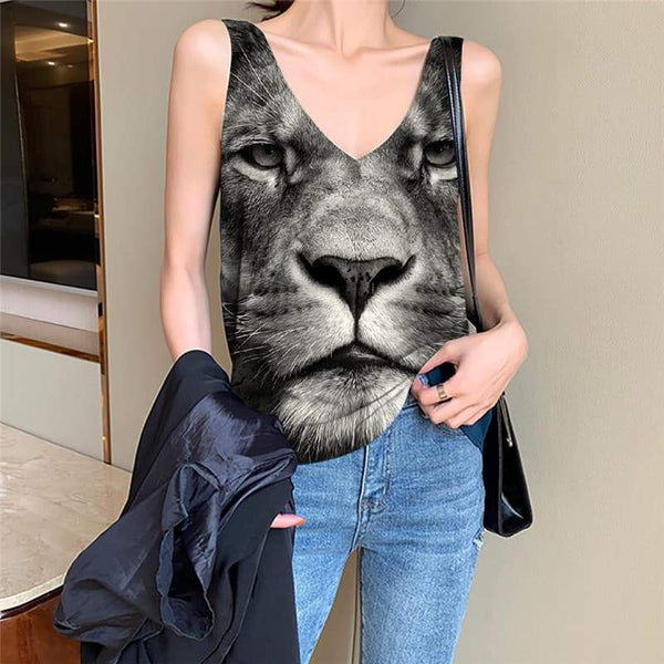 Lion Tank Top Women Animal Vest Printed Anime Tank Tops Casual Head Sleeveless 3d Hip Hop Funny Top - KYKU