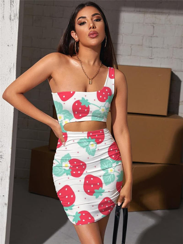 Strawberry Dress Women Flower Halter Sleeveless Lovely Pleating Harajuku Bodycon Dress