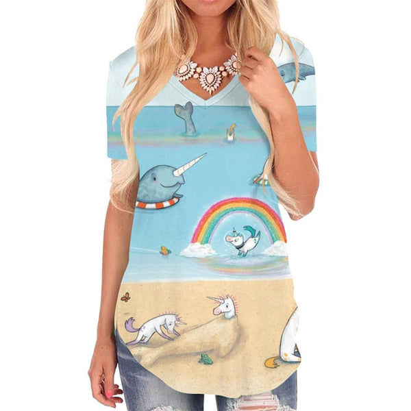Unicorn T-shirt women Animal T-shirts 3d Rainbow V-neck Tshirt Flame Tshirts Printed Hip Hop Funny T shirts