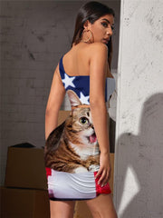 Cat Dress Women Animal Halter Sleeveless National Flag Pleating United States Vestido Sexy