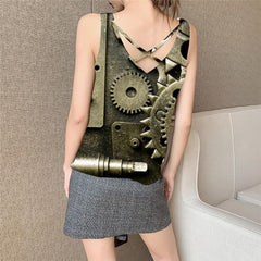 Metal Tank Top Women Engine Vest Printed Gear Vest Print Hip Hop Tank Tops Casual
