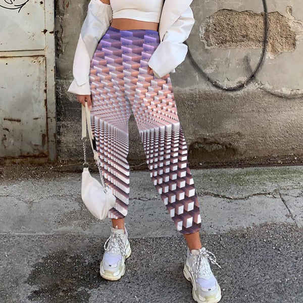 Geometric Trousers Women Psychedelic Casual Pant Vortex Jogger Pants Yellow High Waist Pants - KYKU