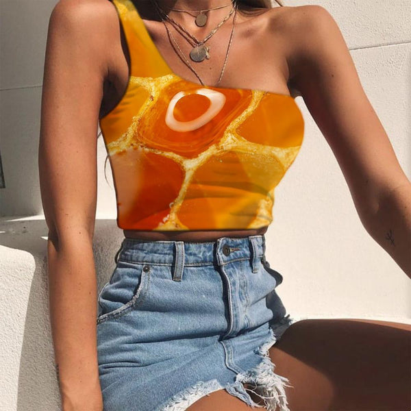 Geometric Vest Tops Women Psychedelic One Shoulder Crop Vortex Sleeveless Shirt Honey Midriff T shirt Honeycomb Tees Graphic - KYKU