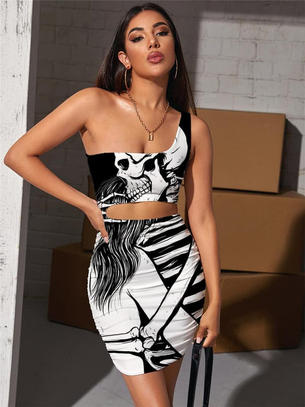 Skull Dresses Women Skeleton Bodycon Dress Love Vestido Sexy Novel Halter Sleeveless Harajuku Pleating