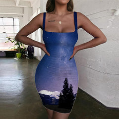 Galaxy Dresses Women Space Sundress Universe Halter Sleeveless Tree 3d Print Snow Mountain Bodycon Dress