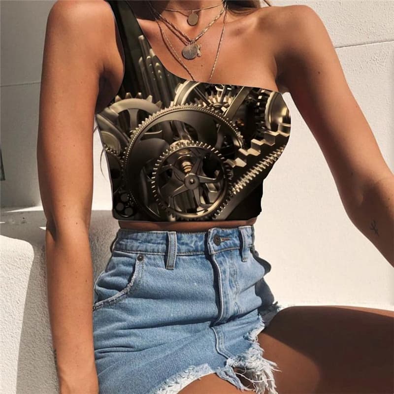 
Metal Vest Tops Women Engine Midriff T shirt Gear Sleeveless Shirt Punk Rock Tees Graphic
                