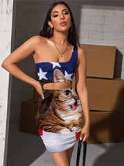 Cat Dress Women Animal Halter Sleeveless National Flag Pleating United States Vestido Sexy