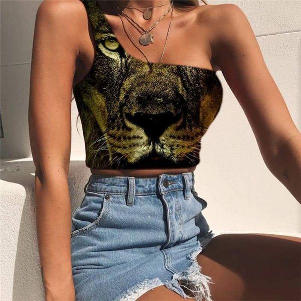 Lion Tank Tops Women Animal One Shoulder Crop Anime Sleeveless Shirt Ferocious Midriff T shirt Harajuku Tees Graphic - KYKU