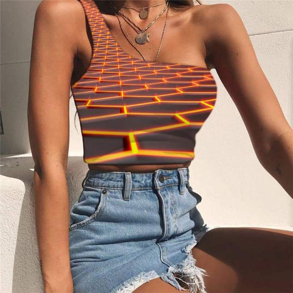 Geometric Tank Tops Women Psychedelic Sleeveless Shirt Vortex One Shoulder Crop Honeycomb Tees Graphic Square Midriff T shirt - KYKU