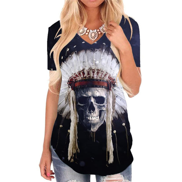 Skull T-shirt women Punk Tshirts Printed Indian Shirt Print Feather V-neck Tshirt