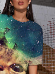 Cat T-shirt Women Animal Gothic Nebula Summer Galaxy Punk Rock Lovely Shirt Print
