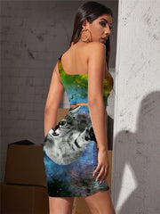 Cat Dress Women Animal Halter Sleeveless Nebula Pleating Galaxy Bodycon Dress