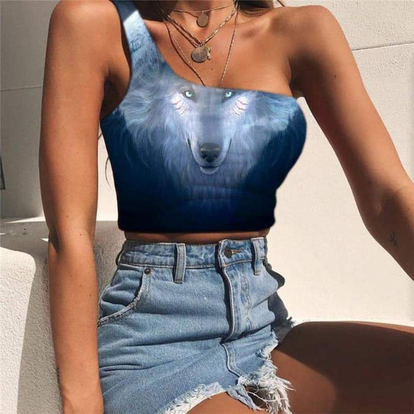 Wolf Vest Tops Women Animal Midriff T shirt Anime One Shoulder Crop Moon Sleeveless Shirt Head Tees Graphic - KYKU