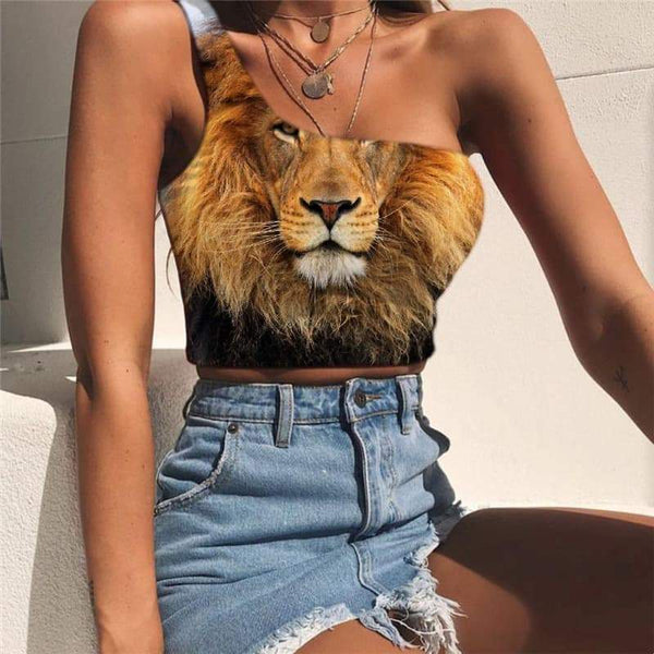 Lion Vest Tops Women Animal Midriff T shirt Anime One Shoulder Crop Harajuku Tees Graphic Street Sleeveless Shirt - KYKU