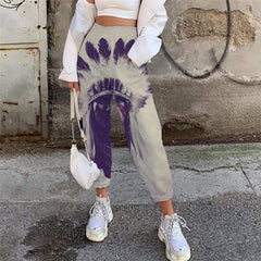 Indios Pants Women Feather Trouser Graffiti High Waist Pants Women Sweatpants - KYKU