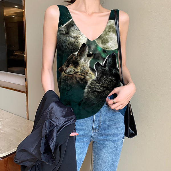 Wolf Tank-Top women Animal Funny Top Anime Sleeveless 3d Moon Anime Clothes Wolf Pack Vest Printed - KYKU