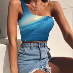 Galaxy Tank Tops Women Space Sleeveless Shirt Universe Tees Graphic Blue One Shoulder Crop