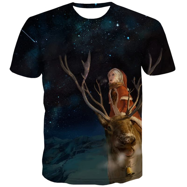 Deer T-shirt Men Animal Tshirts Novelty Christmas Tshirt Printed Galaxy T shirts Funny Meteor Shower T-shirts Graphic