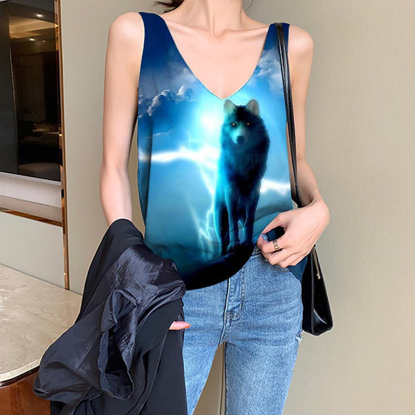 Wolf Tank Top Women Animal Vest Printed Anime Tank Tops Casual Lightning Funny Top Cloud Vest Print - KYKU