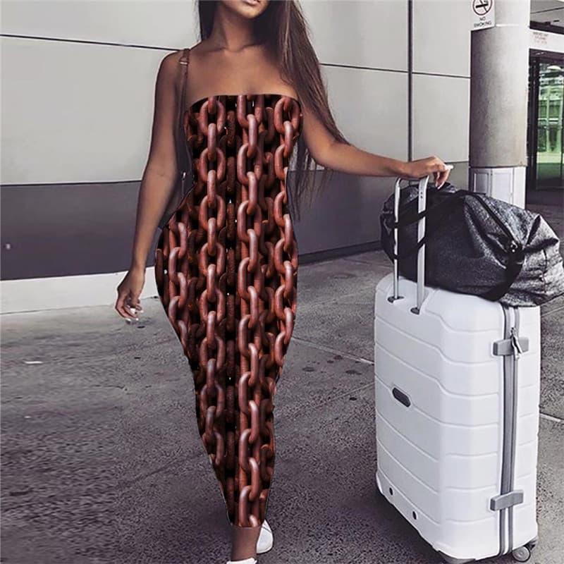 
Iron Chain Dress Women Brown Ladies Dresses Metal 3d Print Punk Rock Party
                