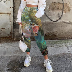 Fish Trousers Women Fisherman Jogger Pants Metal High Waist Pants Animal Casual Pant Ocean Trouser