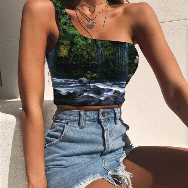 Forest Vest Tops Women Landscape Tees Graphic Fishing One Shoulder Crop - KYKU