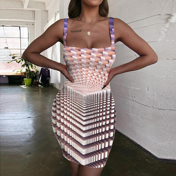 Geometric Dress Women Psychedelic Bodycon Dress Vortex Sundress Yellow Ladies Dresses - KYKU