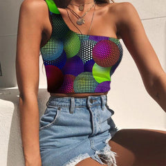 Geometric Vest Tops Women Psychedelic One Shoulder Crop Vortex Midriff T shirt Three-Dimensional Ball Tees Graphic - KYKU