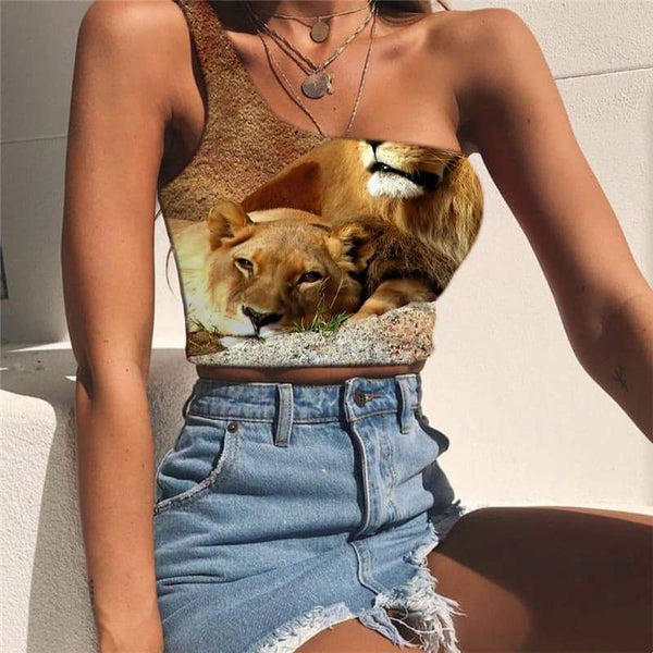 Lion Vest Tops Women Animal Midriff T shirt Anime One Shoulder Crop Lovely Tees Graphic Family Sleeveless Shirt - KYKU
