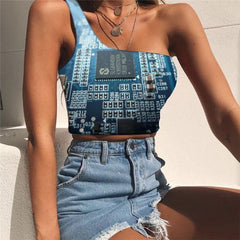 Motherboard Tank Tops Women Technology Midriff T shirt Letter One Shoulder Crop Funny Sleeveless Shirt