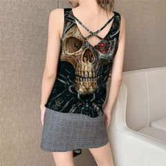 Skull Tank Top Women Punk Tank Tops Casual Mechanical Anime Clothes Black Sleeveless 3d Metal Vest Print - KYKU