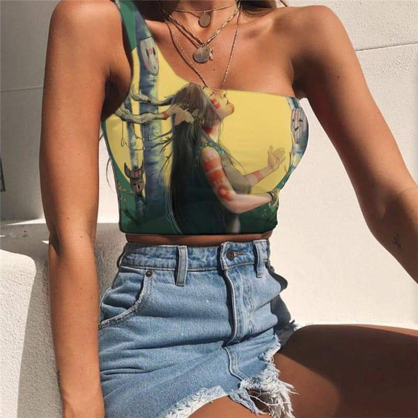 Indios Vest Tops Women Moon Sleeveless Shirt Painting Midriff T shirt Art Tees Graphic - KYKU