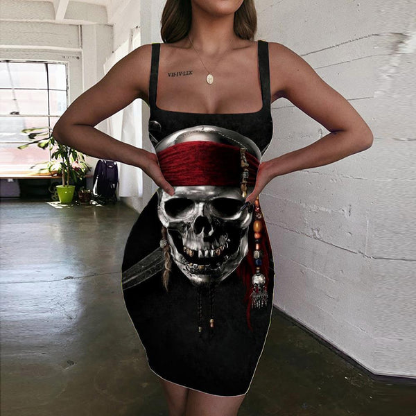 Skull Dress Women Punk Bodycon Dress Pirate Halter Sleeveless Knife 3d Print - KYKU