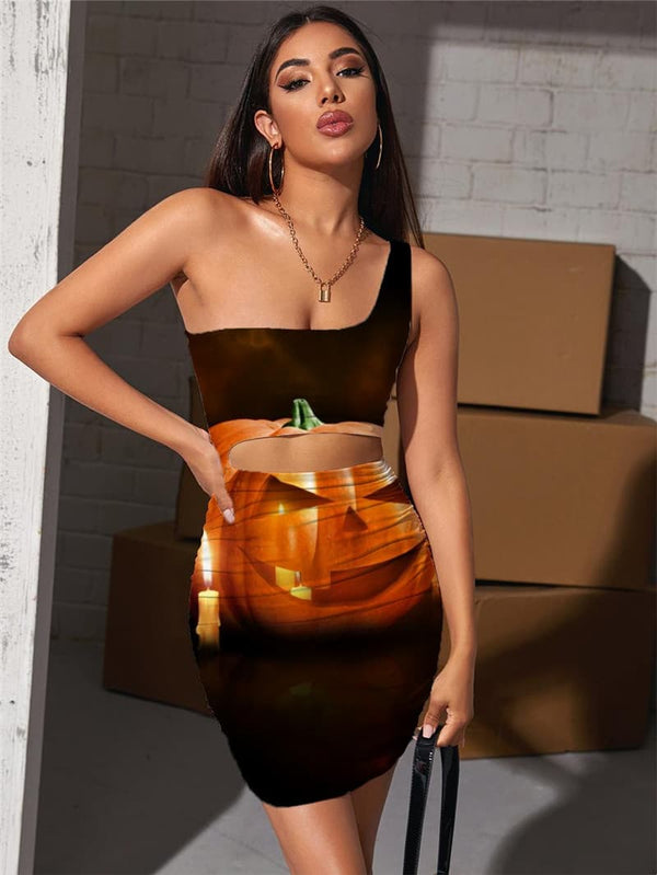 Pumpkin Dresses Women Halloween Vestido Sexy Candle Bodycon Dress Hip Hop Halter Sleeveless