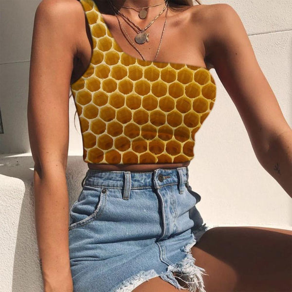 Geometric Vest Tops Women Psychedelic Tees Graphic Vortex One Shoulder Crop Honey Midriff T shirt Honeycomb Sleeveless Shirt - KYKU