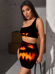 Halloween Dress Women Pumpkin Vestido Sexy Funny Halter Sleeveless Party Pleating