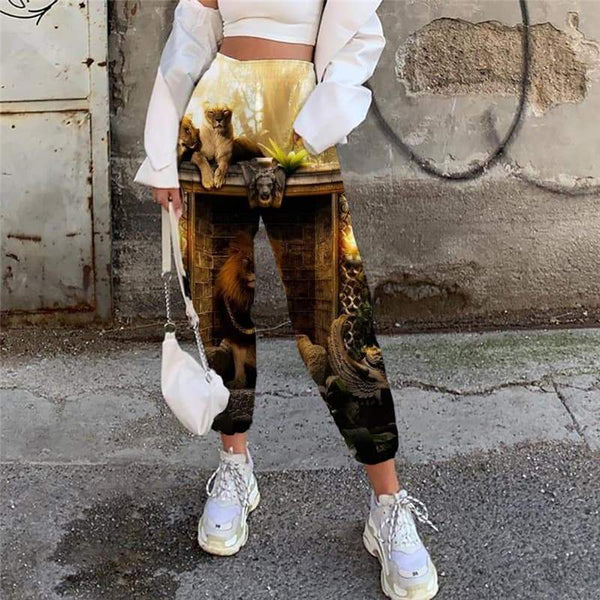 Lion Trousers Women Animal 3d Printed Anime Casual Pant Family Trouser Forest High Waist Pants - KYKU