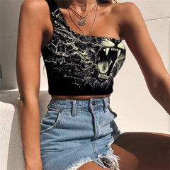 Lion Tank Tops Women Animal One Shoulder Crop Anime Midriff T shirt Abstract Tees Graphic Harajuku Sleeveless Shirt - KYKU