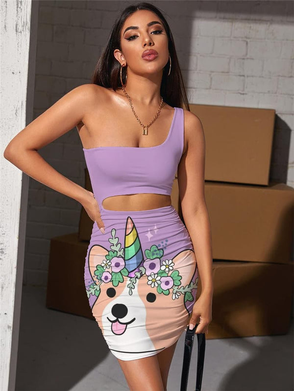 Dog Dress Women Flower Pleating Rainbow Halter Sleeveless Animal Vestido Sexy