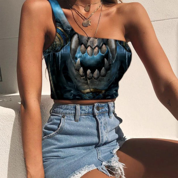 Skull Vest Tops Women Punk Midriff T shirt Beast One Shoulder Crop Blue Tees Graphic Angle Sleeveless Shirt - KYKU