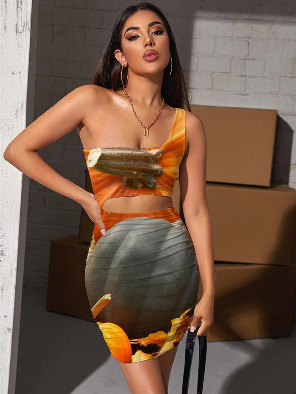 Pumpkin Dresses Women Halloween Halter Sleeveless Corn 3d Print Novel Bodycon Dress