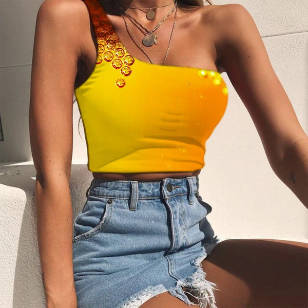Geometric Vest Tops Women Psychedelic Tees Graphic Vortex Sleeveless Shirt Honeycomb One Shoulder Crop Honey Midriff T shirt - KYKU